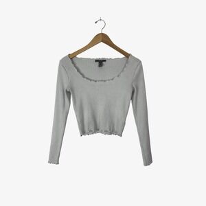 Forever 21‎ Top Womens Medium Ribbed Scoop Neck Crop Top Gray Lettuce Hems Y2K